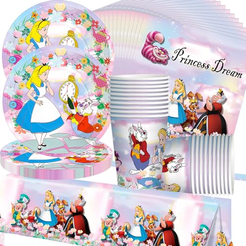 Doyomtoy Prinzessinnen Geschirr,20 People Alice Tea Party Wunderland Party Set,Mit Tischtuch,Teller,Servietten und Pappbecher Kindergeburtstag von Doyomtoy