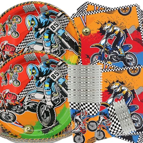 Doyomtoy Racing Car Party Supplies for Boys 60 Stück Dirt Bike Dekorationen Teller Set Enthält Teller, Tassen, Servietten,Dirt Bike Motocross Motorrad Geschirr für Kinder von Doyomtoy