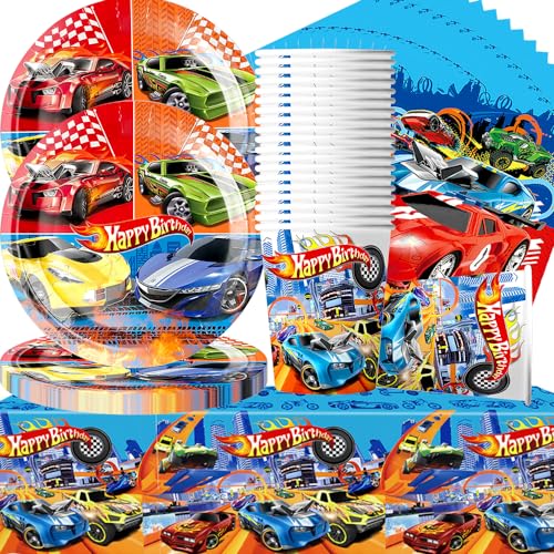 Doyomtoy Racing Car Spiel Auto Theme Partyzubehör Rennauto Geschirrset, Partyzubehör Set für 20 Gäste Geburtstag Geschirr Dekoration Partyzubehör von Doyomtoy