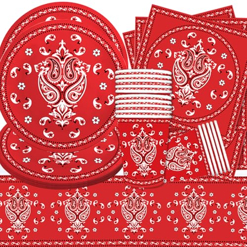 Doyomtoy Red Bandana Cowboy Party Geschirr,61 Stücke von Papier Rotes Bandana Western Party Supplies Set Teller,Papierhandtücher,Pappbecher,Tischtücher for Cowboy Birthday Party Decorations(Rot) von Doyomtoy