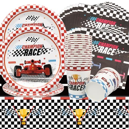 Doyomtoy Rennwagen Partygeschirr,61 Stück Racing Car Party Supplies for Boys Enthält Teller,Tassen,Servietten und Tischdecken Rennwagen Geburtstag Dekoration für Kindergeburtstag Party Supplies von Doyomtoy