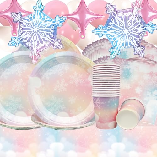 Doyomtoy Schnee Geburtstag Deko,78 Stück Rosa Partygeschirr Geburtstagsteller Tassen Servietten Balloon Schneeflocken Geburtstag Party Set für Weihnachten Winter Wonderland Party Geschirr Dekoration von Doyomtoy