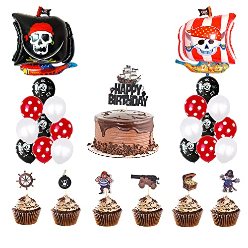 Geburtstag Luftballon für Piraten,Piratenschiff Party Dekorationen Happy Birthday Banner Cake Topper Luftballon Fluch der Karibik Party Supplies für Kindergeburtstag Babyparty Dekoration 33Stück von Doyomtoy