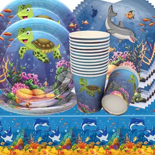 Ozean Geburtstag Deko,Doyomtoy 53 Stück Baby Shower Partygeschirr Ozean Geburtstag Party Set Geburtstagsteller Tassen Servietten Unterwasser Geburtstag für Kinder Geburtstag Babyparty Deko von Doyomtoy