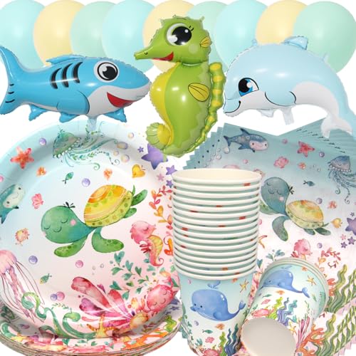 Ozean Geburtstag Deko,Doyomtoy 75 Stück Baby Shower Partygeschirr Ozean Geburtstag Party Set Geburtstagsteller Tassen Servietten Unterwasser Geburtstag für Kinder Geburtstag Babyparty Deko von Doyomtoy