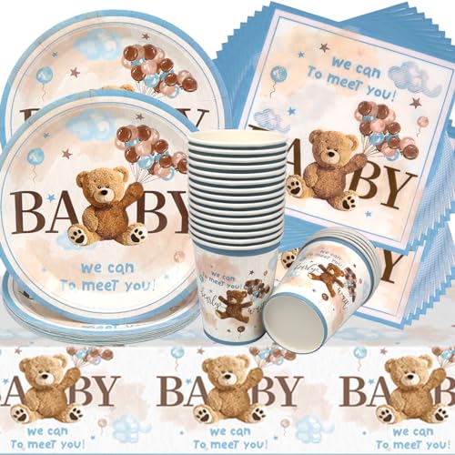 Doyomtoy Plüschbär Partygeschirr, 61 Stück Bärchen Geburtstag Deko Baby Geburtstag Bärs Tassen Servietten Tischdecke für Kindergeburtstag Party Deko Baby Shower von Doyomtoy