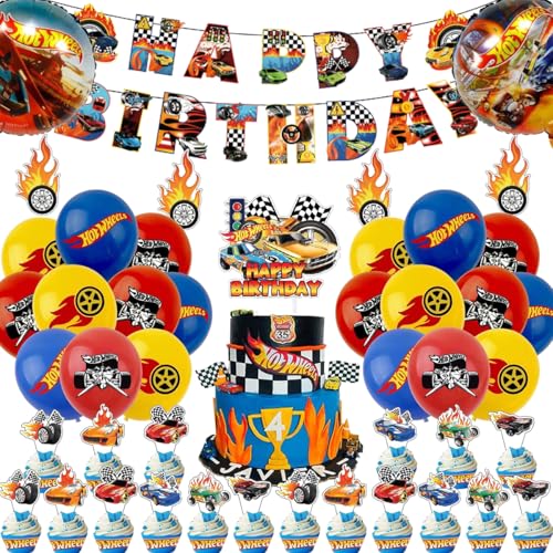 Rennwagen Geburtstag Deko,Doyomtoy 50 Stück Party Decorations Rennwagen Luftballon Racing Car Cupcake Topper Renn-Auto Geburtstag für Kinder Geburtstag Auto-Party von Doyomtoy