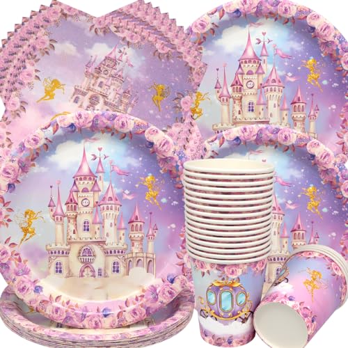 Schloss Geburtstag Deko,Doyomtoy 60 Stück Schloss Partygeschirr Pink Castle Prinzessin Mädchen Geburtstag Party Geburtstagsteller, Tassen, Servietten für Kinder Blumen Party Deko Baby Shower von Doyomtoy