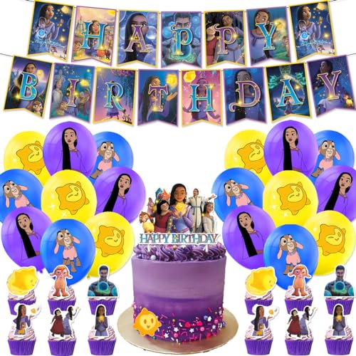 Wish Geburtstag Deko,Doyomtoy 32 Stück Mädchen Happy Birthday Party Dekoration Wish Kingdom Cupcake Topper, Princess Ballons Prinzessin Geburtstag für Kinder Party Geburtstag von Doyomtoy