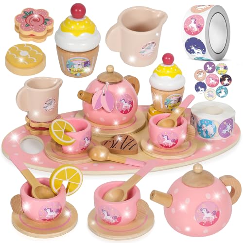 Teeservice Kinderküche Zubehör, Teeparty Spielküche Rollenspiele, Tee Set Holzspielzeug, Küchenspiele Holz, Geschenk für Kinder Mädchen Jungen, Rosa von Doyran