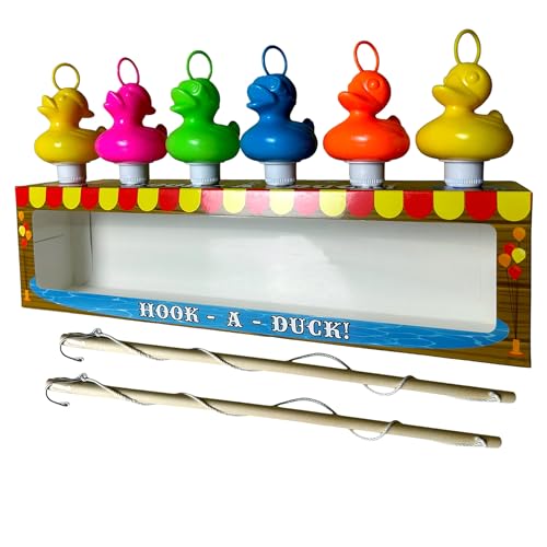 Entenangeln Set mit 6 mehrfarbigen Enten aus Kunststoff mit Haken und Gewicht, inklusive 2 Angelruten mit Haken, Badespielzeug - Poolspielzeug - Entenfischen, Jungen und Mädchen von Dozer