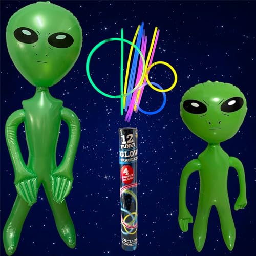 Fluoreszierende Armbänder mit aufblasbarem Riesen-Alien und Alien, klein, aufblasbar, Party-Pack, 12 Stück, fluoreszierende Leuchtstäbe, aufblasbarer Marsmensch, 170 cm und aufblasbar, 64 cm von Dozer