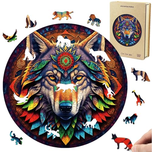 Dr. MUYA Holzpuzzle Erwachsene, Wolf Holz Puzzle, 35 x 35 cm, 220 Stücke, Unregelmäßiges Einzigartiges Puzzle mit Tierform Puzzleteile, Wooden Puzzle mit Geschenkbox aus Holz von Dr. MUYA