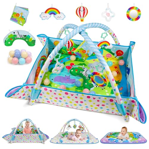 Dr.Rapeti Spieldecke mit Spielbogen, Spieldecke, Spieldecke mit Bällebad, Krabbeldecke mit Spielbogen, Padded Mat for Newborns, Mit abnehmbarem Spiegel, Stoffbuch, Spielzeug und Ball von Dr.Rapeti