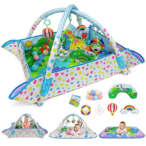 Dr.Rapeti Spieldecke mit Spielbogen, Spieldecke, Spieldecke mit Bällebad, Krabbeldecke mit Spielbogen, Padded Mat for Newborns, Mit abnehmbarem Spiegel, Stoffbuch, Spielzeug und Ball von Dr.Rapeti