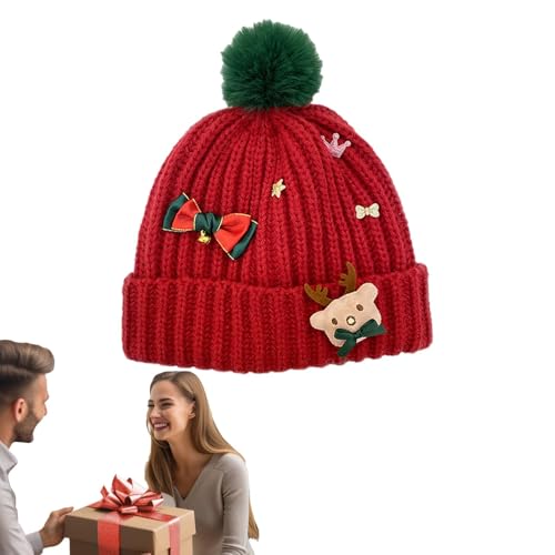 Dranng Gestrickte Weihnachtsmütze,Weihnachtswintermütze | Weihnachtsmütze mit Bommel stricken - Weihnachtsmannmütze, bedruckte Wollmütze, Winterstrickmütze für Kinder von Dranng