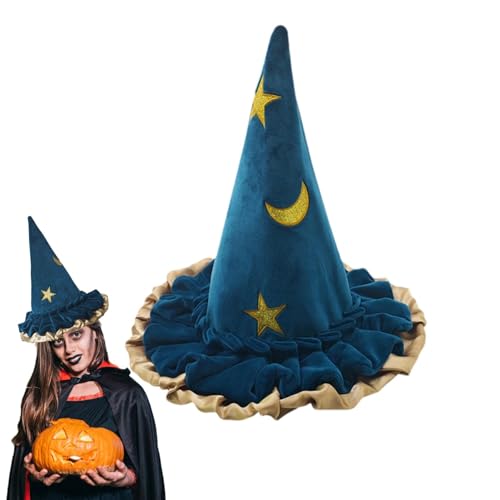 Dranng Hexenhut für Frauen, Hexenhut - Wide Brim Taper Spire Men Wizard Spitzhut Halloween Kostüm Hexenhut,Blaue Hexenhüte für Frauen, Stern-Mond-Muster, Zauberer, Herrenkostüm, Cosplay-Hut, von Dranng