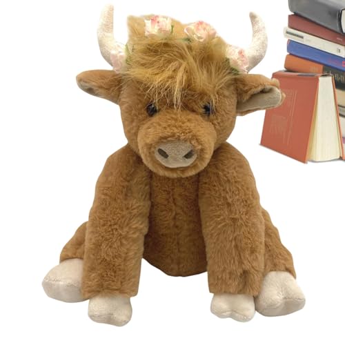 Dranng Highland Cow Spielzeug,Kuh Kuscheltiere, 10 Zoll gemeinsame bewegliche Schottische Hochlandkuh, Schlafenszeit-Hochlandrinder, Bauernhofspielzeug mit Sound, braunes Kuh-Plüschspielzeug für von Dranng