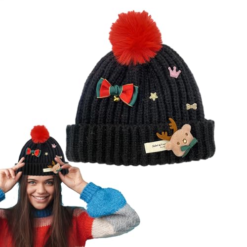 Dranng Weihnachtsstrickmütze, Weihnachtsmützen für Erwachsene | Weihnachtsmütze mit Bommel stricken,Weihnachtsmannmütze, bedruckte Wollmütze, Winterstrickmütze für Kinder von Dranng