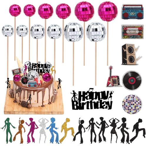 Draupnir 31 Stück Discokugel Tortendeko, Happy Birthday Cake Topper, Kuchen Toppers 1970er Jahre, Cupcake Toppers für Hippie Neon Party Dekorationen Disco Ball Dance 70er Geburtstag Party von Draupnir