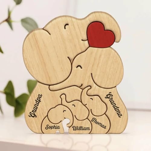 Drawelry Personalisiert Holz Elefanten Puzzle mit 2–8 Familien Namen Gravur Skulptur, Tier Puzzles Statue Ornaments für Home Dekor und Elternteil Kinder Geburtstags Weihnachts Neujahrs Geschenke (A1) von Drawelry