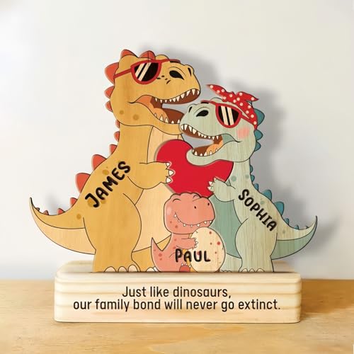 Drawelry Personalisiert Tier Holz Puzzle Ornamente mit 2–5 Familie Namen Gravur Skulptur Hund Katze Maus Pinguin Fuchs Statue Puzzles Dekoration für Weihnachten Neujahrs Geschenke (Dinosaurier) von Drawelry