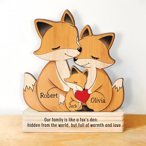 Drawelry Personalisiert Tier Holz Puzzle Ornamente mit 2–5 Familie Namen Gravur Skulptur Hund Katze Maus Pinguin Fuchs Statue Puzzles Dekoration für Weihnachten Neujahrs Geschenke (Fuchs) von Drawelry