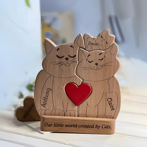 Drawelry Personalisiert Tier Holz Puzzle Ornamente mit 2–5 Familie Namen Gravur Skulptur Hund Katze Maus Pinguin Fuchs Statue Puzzles Dekoration für Weihnachten Neujahrs Geschenke (Katze) von Drawelry