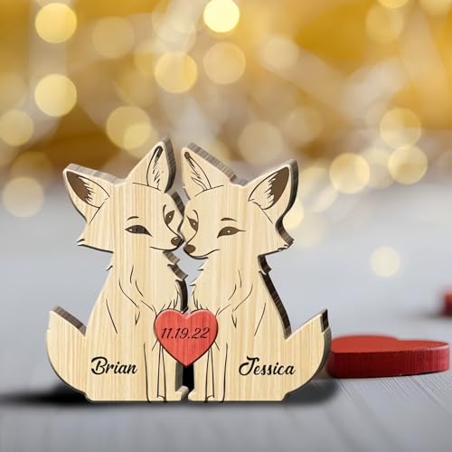 Drawelry Personalisiert Tierfamilie Holzpuzzle mit Namen Schnitzerei Skulptur Wald Wolf Fuchs Bär Kaninchen Welpe Katze Holzstatue Valentinstag Weihnachten Geschenk für Papa Mama Paar (Fuchs) von Drawelry