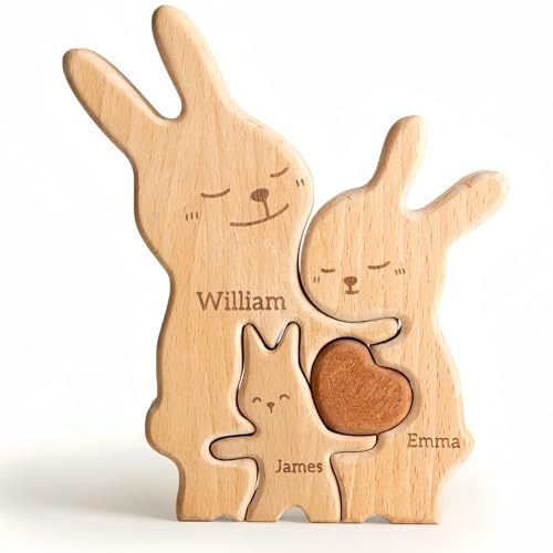 Drawelry Personalisiert Tierfamilie Holzpuzzle mit Namen Schnitzerei Skulptur Wald Wolf Fuchs Bär Kaninchen Welpe Katze Holzstatue Valentinstag Weihnachten Geschenk für Papa Mama Paar (Kaninchen) von Drawelry