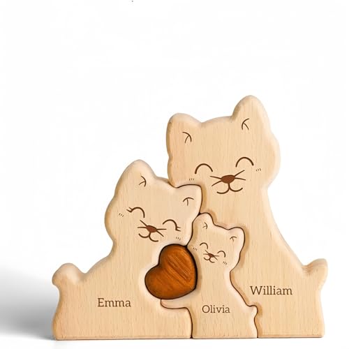 Drawelry Personalisiert Tierfamilie Holzpuzzle mit Namen Schnitzerei Skulptur Wald Wolf Fuchs Bär Kaninchen Welpe Katze Holzstatue Valentinstag Weihnachten Geschenk für Papa Mama Paar (Katze) von Drawelry