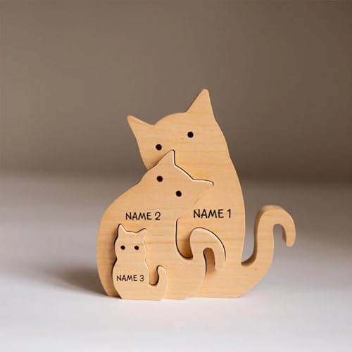 Personalisierte Individueller Namen Familien Holzpuzzle Benutzerdefinierte Katze Hund Bear Holz Statue Wohnaccessoires Dekorative Kreatives Geschenk für Weihnachten Hochzeit Geburtstag (Katze -1) von Drawelry