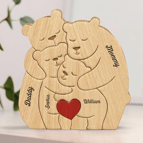 Personalisiertes Holzkunstpuzzle der Bärenfamilie mit 2-7 Namen Holzpuzzle Bären Familie Skulpturen Desktop Ornament Familien Geschenke für Muttertag Vatertag, Tischdekoration (Bärenfamilie 1) von Drawelry