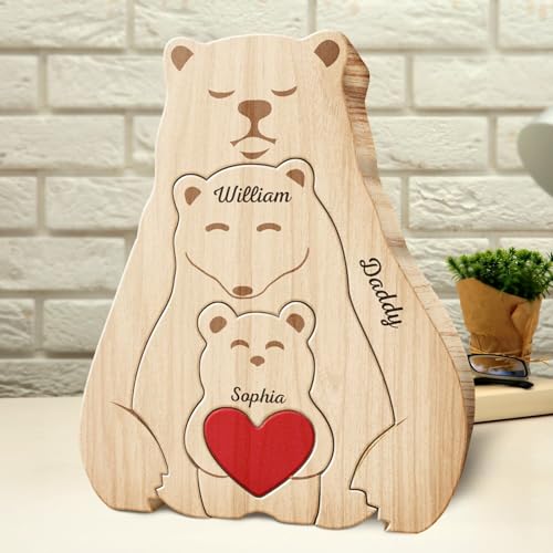 Personalisiertes Holzkunstpuzzle der Bärenfamilie mit 2-9 Namen Holzpuzzle Bären Familie Skulpturen Desktop Ornament Familien Geschenke für Muttertag Vatertag, Tischdekoration (Bärenfamilie 2) von Drawelry