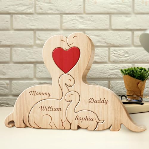 Drawelry Personalisierte Holz Tierpuzzle mit 2-8 Familie Namen Tierskulptur Dekoration Bär Elefant Tier Statue Ornament für Home Desktop Deko, Geburtstag Weihnachten Neujahr Geschenk (Dinosaurier) von Drawelry