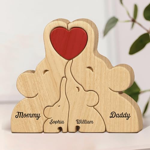 Personalisiertes Holzkunstpuzzle der Elefantenfamilie mit 2-10 Namen Holzpuzzle Elefant Skulpturen Ornament Familien Geschenke für Muttertag Vatertag, Tischdekoration (Elefantenfamilie 2) von Drawelry