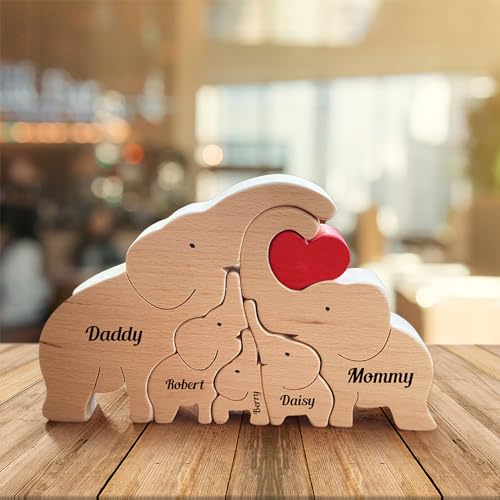 Personalisiertes Holzkunstpuzzle der Elefantenfamilie mit 3-6 Namen Holzpuzzle Elefant Skulpturen Ornament Familien Geschenke für Muttertag Vatertag, Tischdekoration (Elefantenfamilie 1) von Drawelry