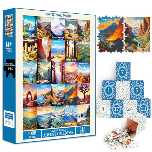 National Park Puzzle Adventskalender 2024, 1000 Teile Puzzle für Erwachsene & Jugendliche, 24 Tage Retro National Park Poster Weihnachten Countdown Geschenk für Naturliebhaber von Drcurn