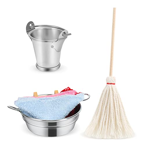 Dreafly 1/12 Puppenhaus Zubehör Mini Reinigungswerkzeuge,Miniatur Mopp Eimer Set Badezimmer Washtub mit Waschbrett Handtuch Set Für Küche Garten Zubehör Wichtel ZubehöR von Dreafly