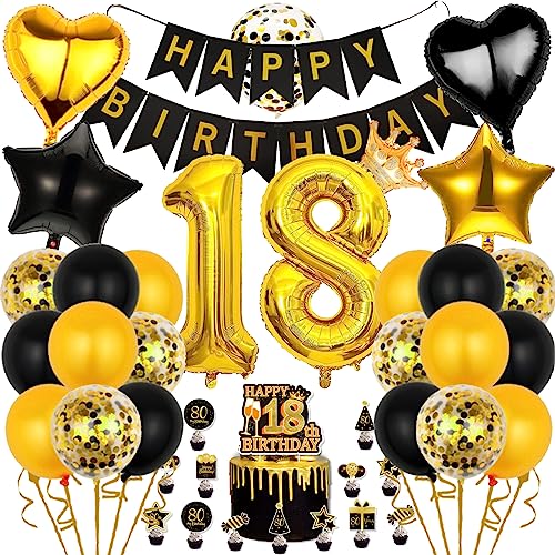 18. Geburtstag Dekoration, 18. Geburtstag Mädchen Tortendeko, Happy Birthday Banner Ballons, Geburtstag Cupcake Topper Konfetti Luftballons, 18. Geburtstag Geschenke Deko (Gold) von Dream HorseX