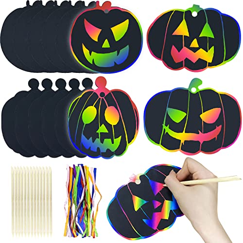 24 Stück Halloween Beidseitig Kratzbild, Kürbis Kratzpapier Kratzbilder Set, Kratzbilder Kinder Geschenke Bastelset, Regenbogen Kratzpapier zum Zeichnen und Basteln, Halloween DIY Anhänger Dekoration von Dream HorseX