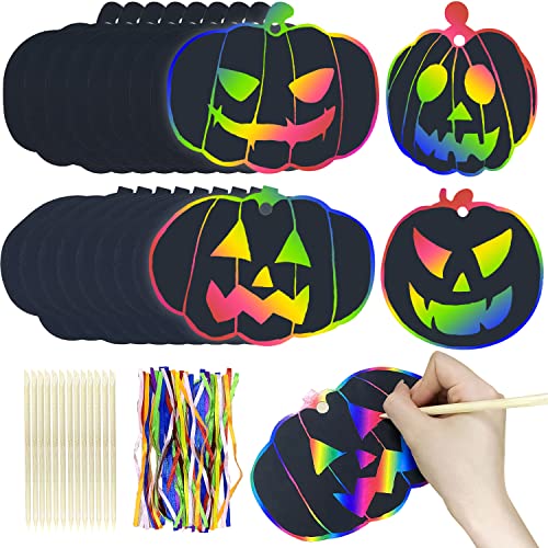 36 Stück Halloween Beidseitig Kratzbild, Kürbis Kratzpapier Kratzbilder Set, Kratzbilder Kinder Geschenke Bastelset, Regenbogen Kratzpapier zum Zeichnen und Basteln, Halloween DIY Anhänger Dekoration von Dream HorseX