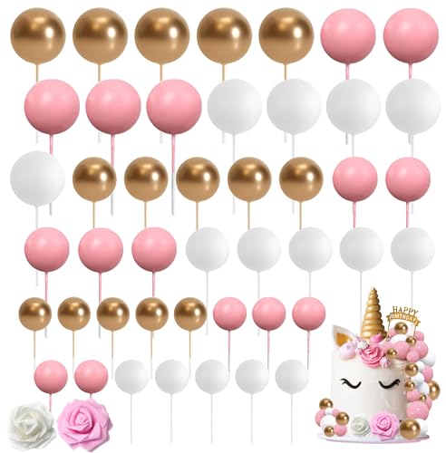 48 PCS Tortendeko Kugel mit Happy Birthday Topper Kuchendeko Backen Kuchen Dekorationen für Geburtstag Hochzeit Party DIY Tortendeko(Rosa Weiss Gold) von Dream HorseX