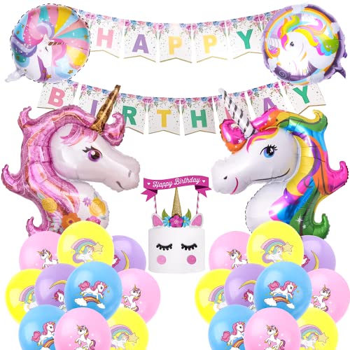 Einhorn Geburtstagsdeko Mädchen, Kindergeburtstag Set mit Happy Birthday Banner, 3D Einhorn Folie Ballons, Einhorn Kuchen Topper, Einhorn Thema Prinzessin Mädchen Geburtstag Party Dekorationen von Dream HorseX