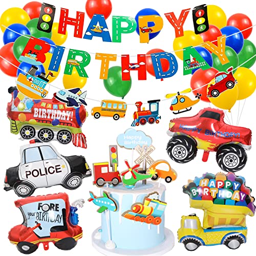 Verkehr Geburtstag Deko Set, Auto Geburtstags Dekoration, Zug Polizeiwagen Schulbus Yacht Feuerwehrauto Folienballon für Kinder Geburtstagsdeko, Happy Birthday Banner Kuchendeckel für Kinder Party von Dream HorseX