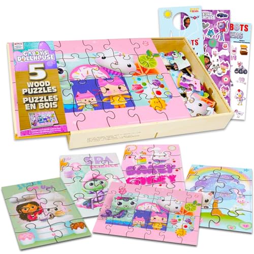 Gabby's Dollhouse Holzpuzzle Set - Bundle mit 5 Gabby's Dollhouse Holzpuzzles, Aufklebern, mehr | Gabby's Dollhouse Toys für Mädchen von DreamWorks