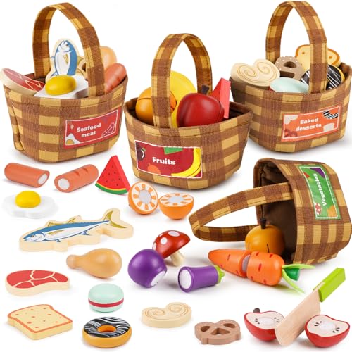 Dreamon Kinderküche Spielküche Zubehör Holz, Kaufladen Zubehör Holzspielzeug Küchenzubehör Kinder mit 4 Stoffkörben Geschenk für Jungen und Mädchen 2 3 4 Jahren von Dreamon