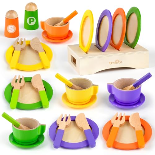 Dreamon Kinderküche Zubehör Teeservice Kinder Holz, 27 PCS Puppengeschirr Kinderküche Spielküche Zubehör Kinder (Gelb) von Dreamon