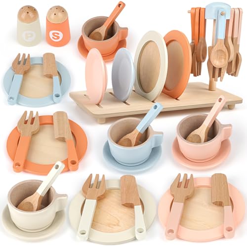 Dreamon Kinderküche Zubehör Teeservice Kinder Holz, 27 PCS Puppengeschirr Kinderküche Spielküche Zubehör Kinder Baby Montessori Spielzeug ab 1 2 3 4 Jahre von Dreamon