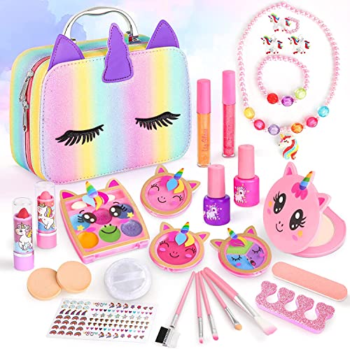 Dreamon Kinderschminke Mädchen Einhorn Spielzeug mit Schminkkoffer, Einhorn Geschenke für Mädchen, 24PCS Waschbar Kinder Schminke Make up Set von Dreamon